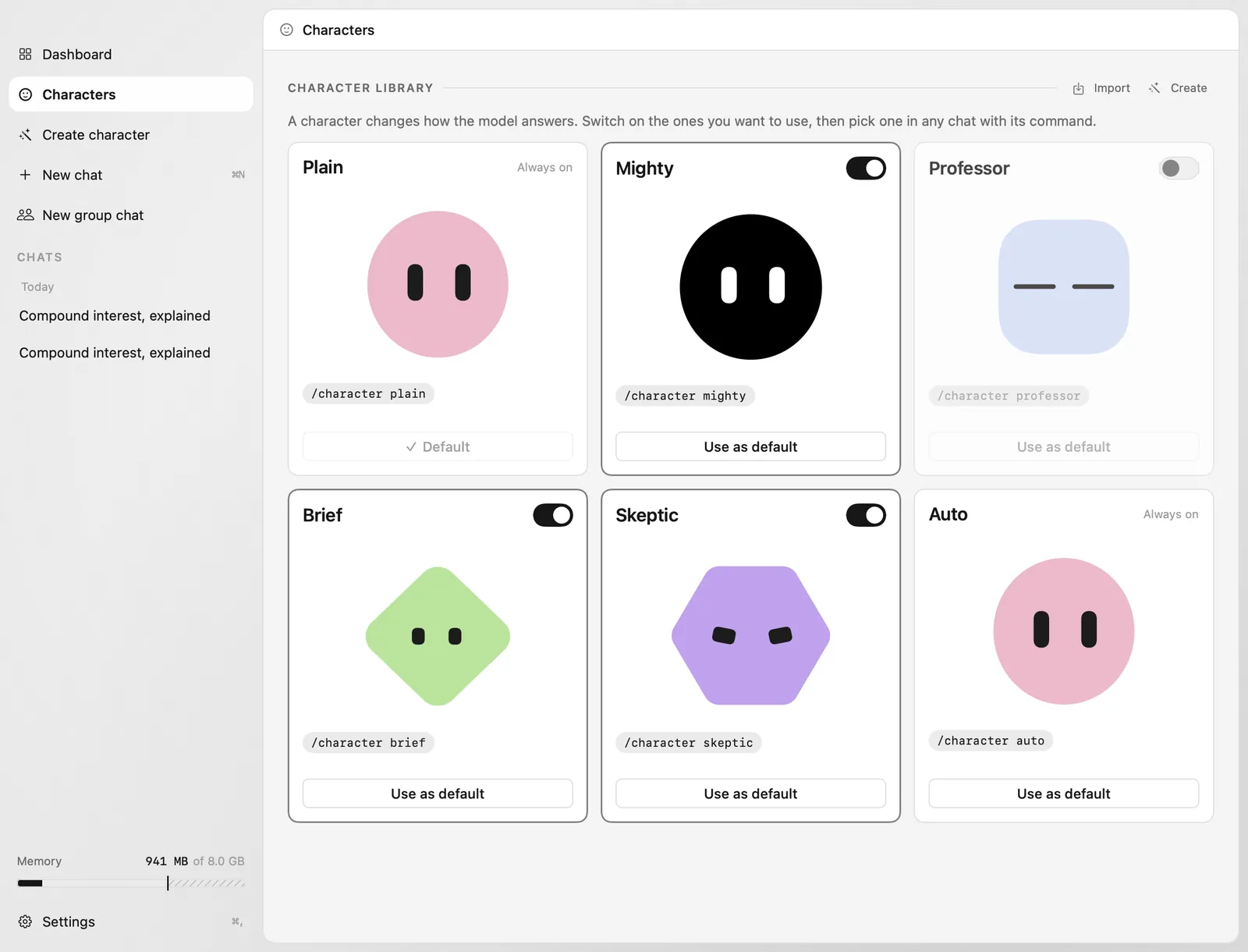 Mighty's character library: Plain, Mighty, Professor, Brief and Skeptic, each with its own mascot, plus Auto.