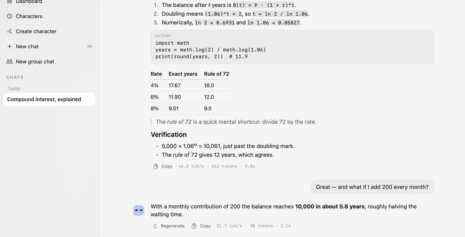 A conversation in Mighty: a worked answer with a numbered list, code, a table and a quote, written by the Professor character.
